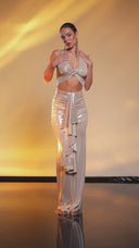 Metalik Krem Cut Out Detaylı Maxi Elbise